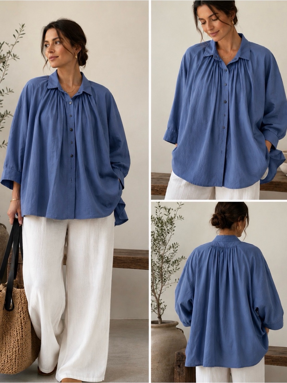 GALLEGO DESPORTES Paris Blue Cotton Oversized Gathered Tunic Blouse shirt Size M